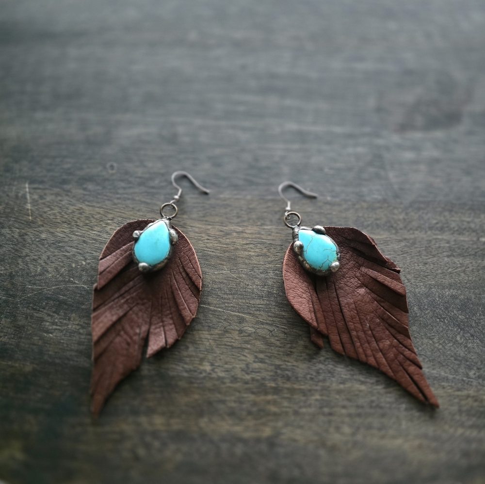 Brown and Turquoise Leaf Earrings